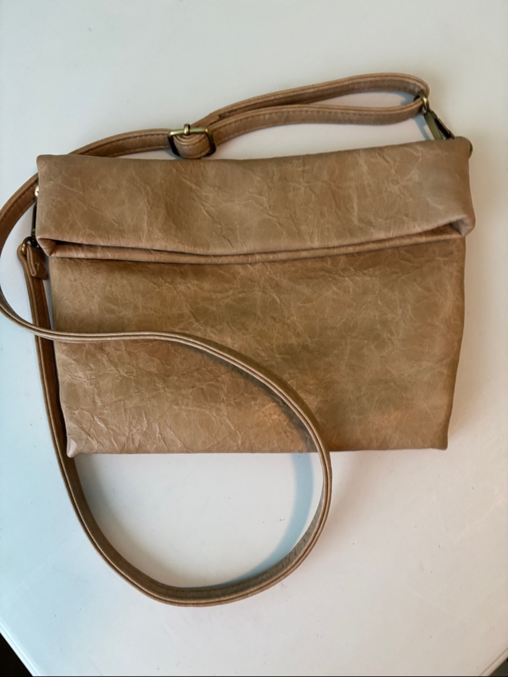 Anthropologie Fold-Over Crossbody Bag in Tan Soft Leather